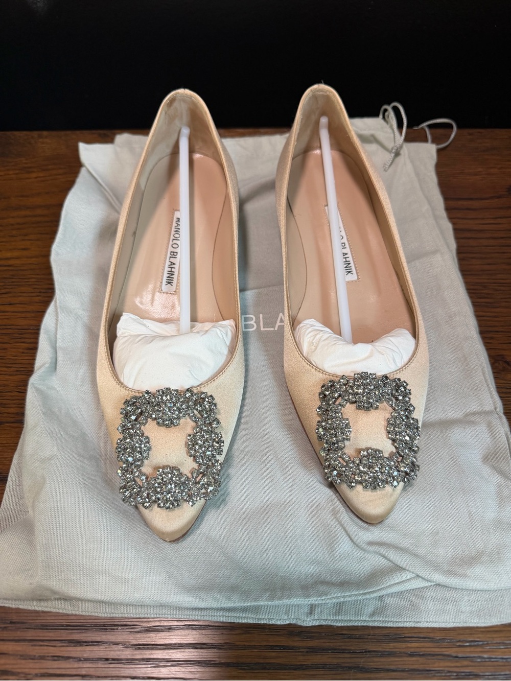 Manolo Blahnik Hangisi Champagne Satin Pointed Toe Flats with Crystal Buckles